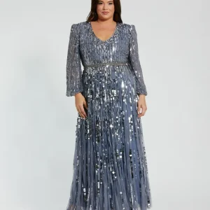 Blue Long Sleeve V-Neck Embellished Gown (Plus)