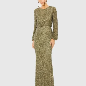 Green High Neck Long Sleeve Beaded Blouson Gown