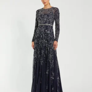 Navy Long Sleeve Floral Embellished A-line Gown