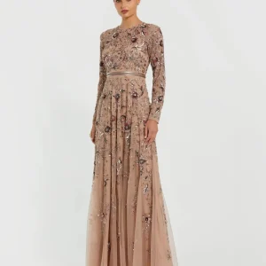 Beige Long Sleeve Floral Embellished A-line Gown