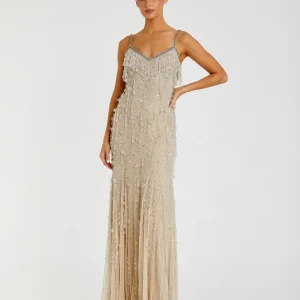 Beige V-Neck Column Gown with Fringe Embellishments