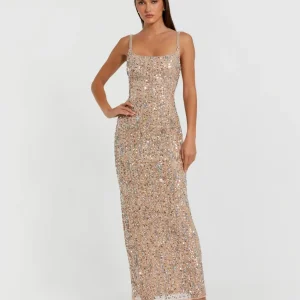 Beige Embellished Square Neck Gown