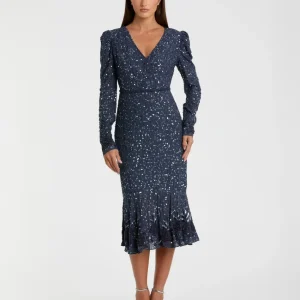 Blue Sequin Dress with Embellished Hemline and Belt - FINAL SALE