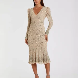 Beige Sequin Dress with Beaded Hemline and Belt - FINAL SALE