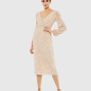 Beige Sequined Illusion Puff Sleeve V Neck Midi Dress