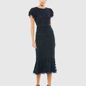 Navy Hand Beaded Flounce Sleeve Midi Dress