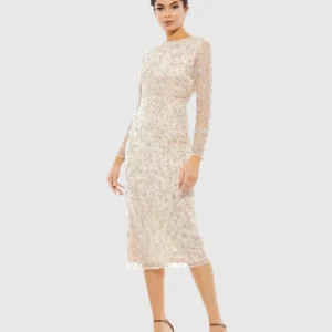 Beaded Tea Length Dress w/ Sheer Sleeves