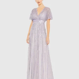 Purple Sequined Butterfly Sleeve Flowy Gown