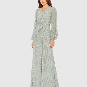 Green Beaded Bishop Sleeve Wrap Gown