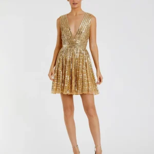 Gold Embellished Sleeveless V Neck A Line Dress