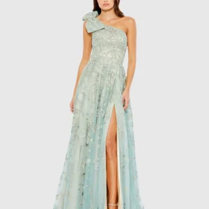 Green Embellished Bow One Shoulder A Line Gown
