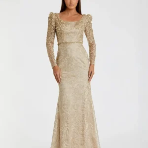 Embroidered Lace Applique Shoulder Detail Trumpet Gown