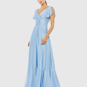Blue Flounce Sleeve Satin Gown