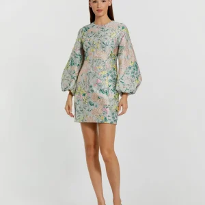 Multicolor Floral Brocade Puff Sleeve Fitted Mini Dress