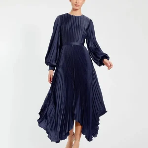 Navy Long Sleeve Pleated Charmeuse Handkerchief Dress