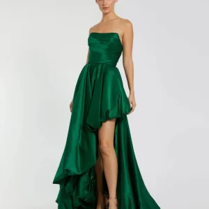 Green Strapless Ruched High Low Gown