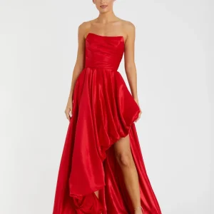 Red Strapless Ruched High Low Gown