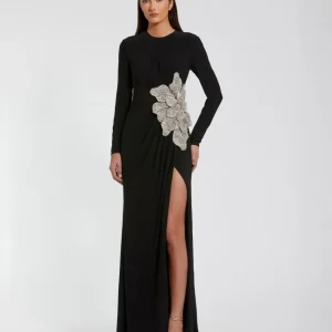 Black Jersey Gown With Embellished Flower