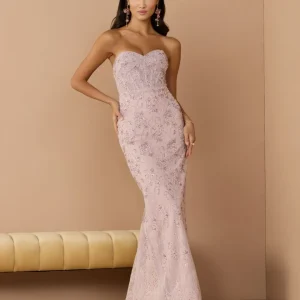 Pink Embellished Strapless Bustier Gown With Sweeping Train