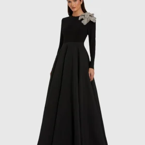 Black Long Sleeve Taffeta Ballgown with 3D Rhinestone Flower