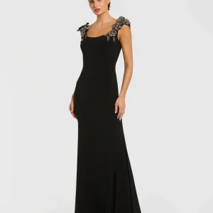 Black Jersey Scoop Neck Gown with 3D Flower Details