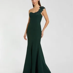 Dark Green Crepe One Shoulder Beaded Flower Mermaid Gown