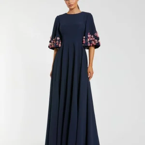 Navy Crepe 3/4 Sleeve A-line Gown With Flower Trim
