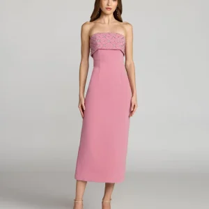 Pink Strapless Crepe Midi Dress With Rhinestone Detail