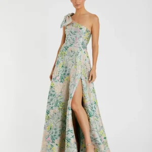 Multicolor One Shoulder Brocade Floral Gown With Bow