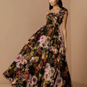 Multicolor One Shoulder Floral Velvet Ball Gown