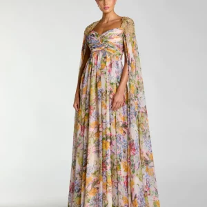 Multicolor Floral Gown With Beaded Cape Sleeves