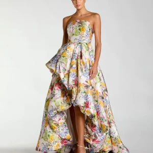 Multicolor Strapless Floral High Low Bubble Hem Gown