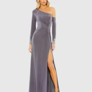 Side Twist Drop Shoulder Beaded Cuff Gown