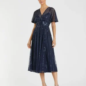 Navy Embellished Short Sleeve Empire Waist Dress