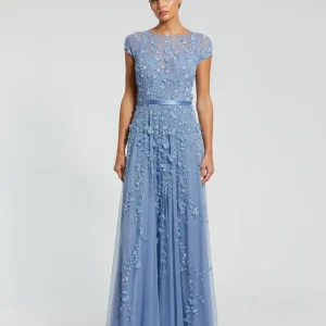 Blue Floral Embellished Cap Sleeve Gown