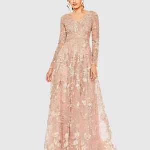 Long Sleeve Beaded Applique Gown