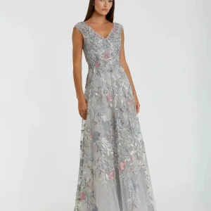 Gray Embroidered Illusion Cap Sleeve A Line Gown