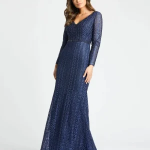 Embroidered Long Sleeve V Neck Trumpet Gown