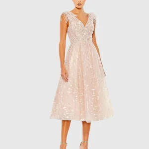 Pink Embroidered Sleeveless Feather Detail Midi Dress