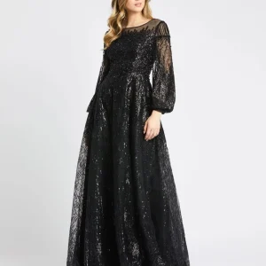 Black Jewel Encrusted Illusion Long Sleeve A Line Gown