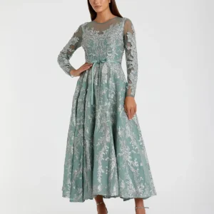 Green Embellished Bow Belt Illusion Long Sleeve A Line Dress