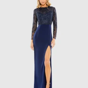 Navy Embellished High Neck Bodice Faux Wrap Gown - FINAL SALE