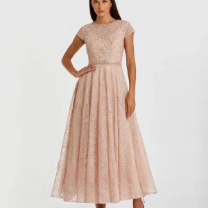 Pink Embellished Cap Sleeve A Line Dress