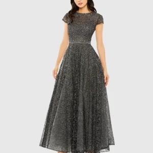 Gray Embellished Cap Sleeve A Line Dress