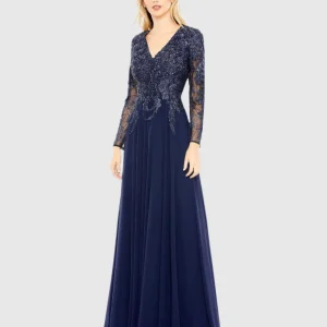 Navy Embellished Illusion V Neck Long Sleeve Gown