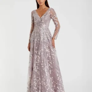 Embroidered Lace Wrap Over Illusion Long Sleeve A Line Gown