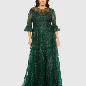 Green High Neck Flutter Sleeve Embroidered A Line Gown (Plus)