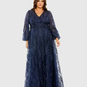 Navy V Neck Puff Sleeve Embroidered A Line Gown (Plus)