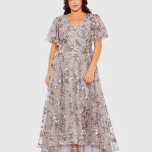 Purple V Neck Flutter Sleeve A Line Embellished Gown (Plus)