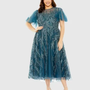 Blue High Neck Flutter Sleeve Embellished A Line Dress (Plus)